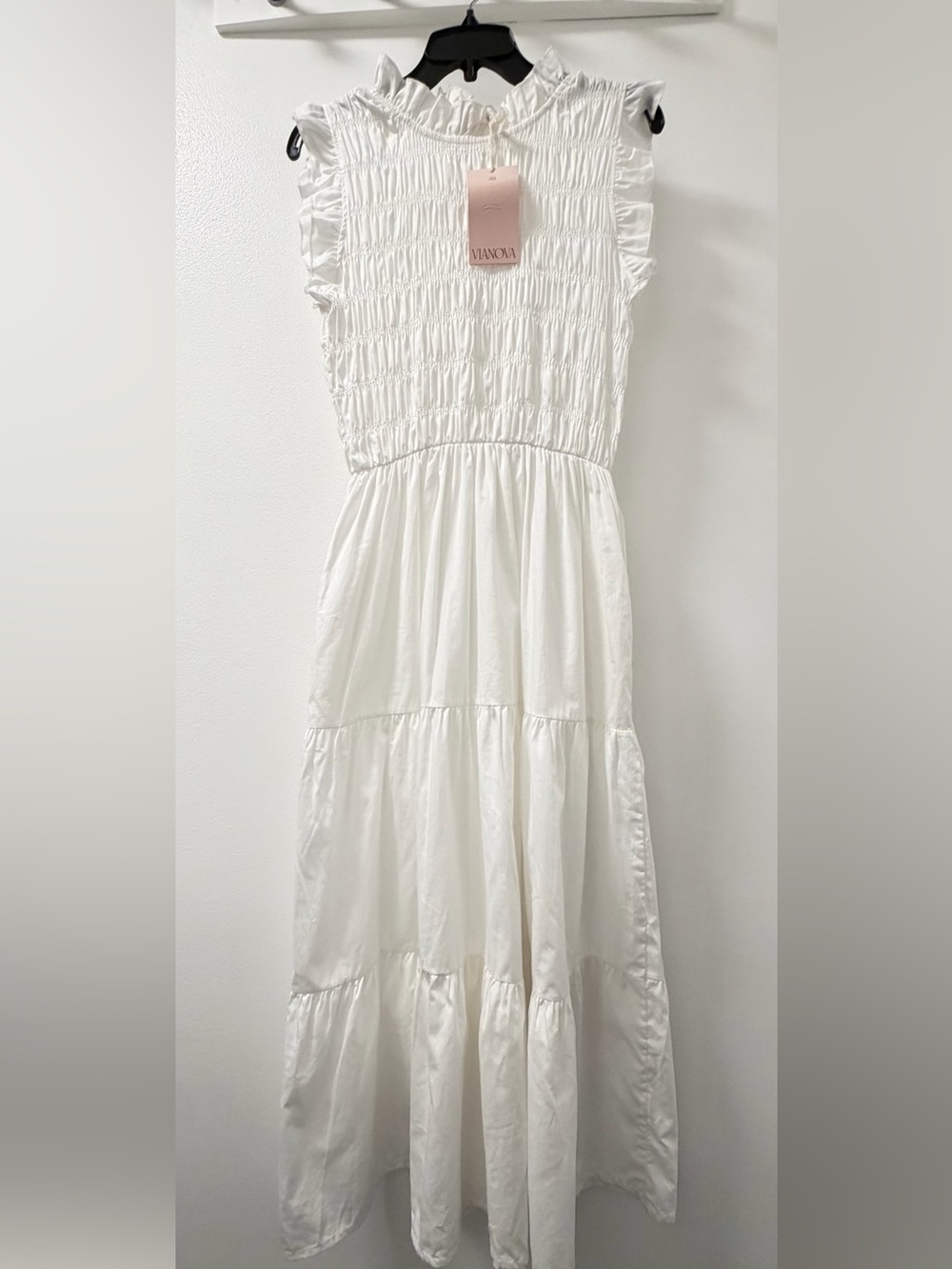 NWT Vianova Italy White Cotton Smocked Tiered Maxi Dress L